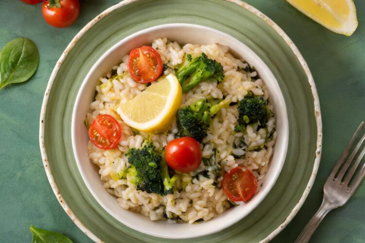 Vegetarische risotto met broccoli, snoeptomaatjes en spinazie