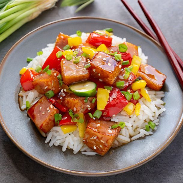Hamlappen in zoetzure saus met rijst