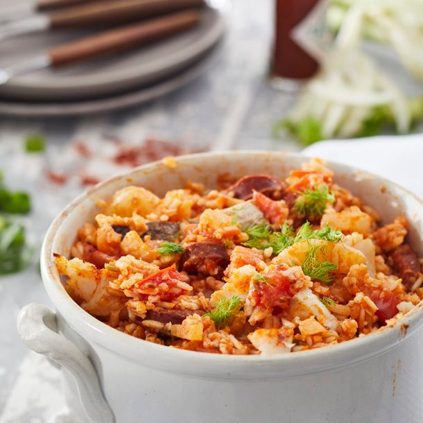 Jambalaya met heek, chorizo, venkel & lente-ui