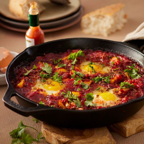 Shakshuka met specerijen, tomaat, eieren, pide & komijn