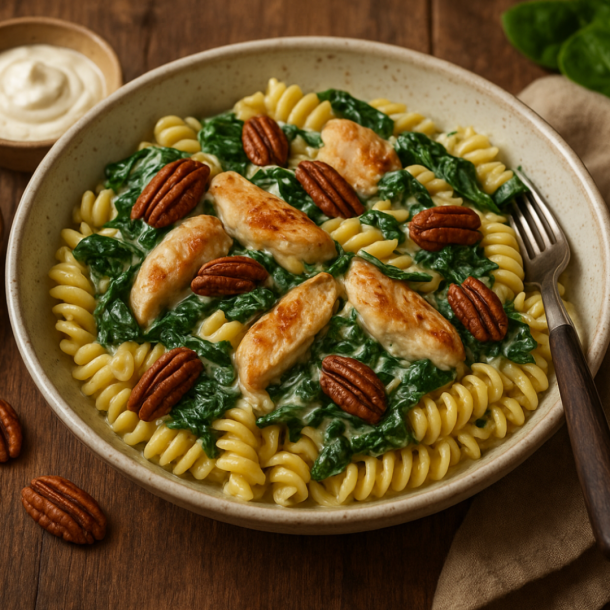 Pasta met scharrelhoenfilet, spinazie, roomkaas en pecannoten