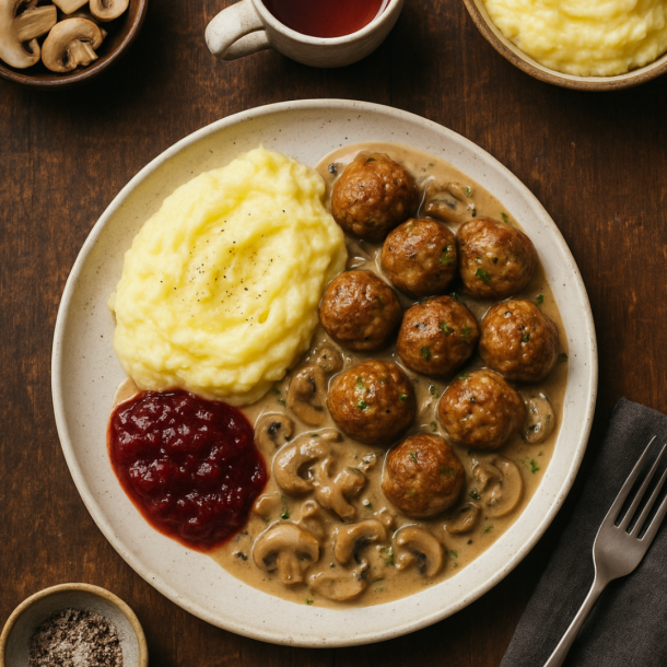 Gehaktballetjes in champignon- preisaus, cranberries en aardappelpuree